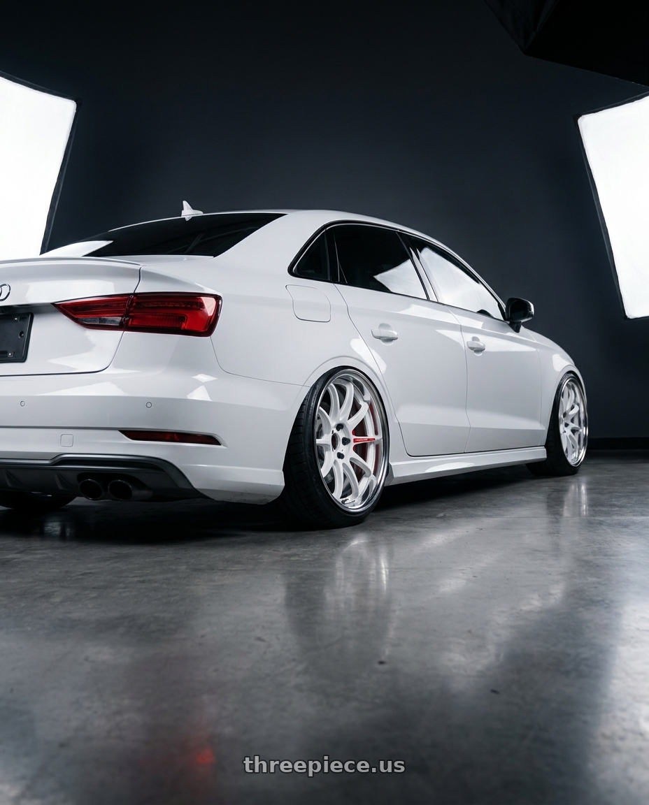 2015 Audi S3 with Work Zr10 2P 5x112 20x10.0 +38 Azure White wheels rear three quarter view extreme stretch tires