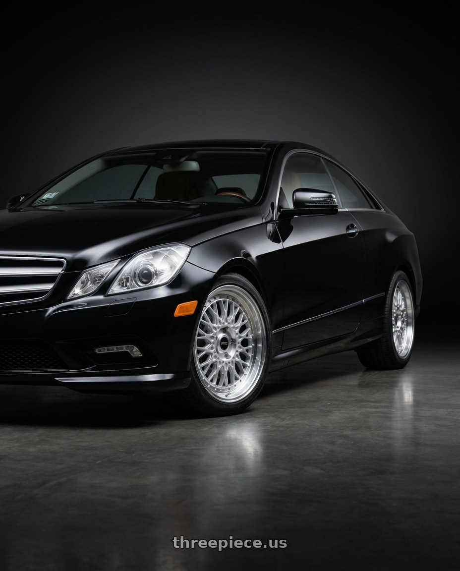 2013 Mercedes-Benz E350 4Matic with ARC AR1 5x112 17x8.5  +35 Silver Machine Face Lip Chrome Rivet wheels front three quarter view stock stance