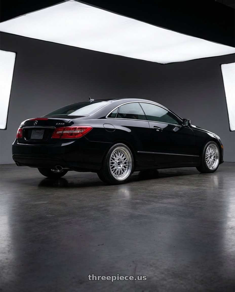 2013 Mercedes-Benz E350 4Matic with ARC AR1 5x112 17x8.5  +35 Silver Machine Face Lip Chrome Rivet wheels rear three quarter view square tires