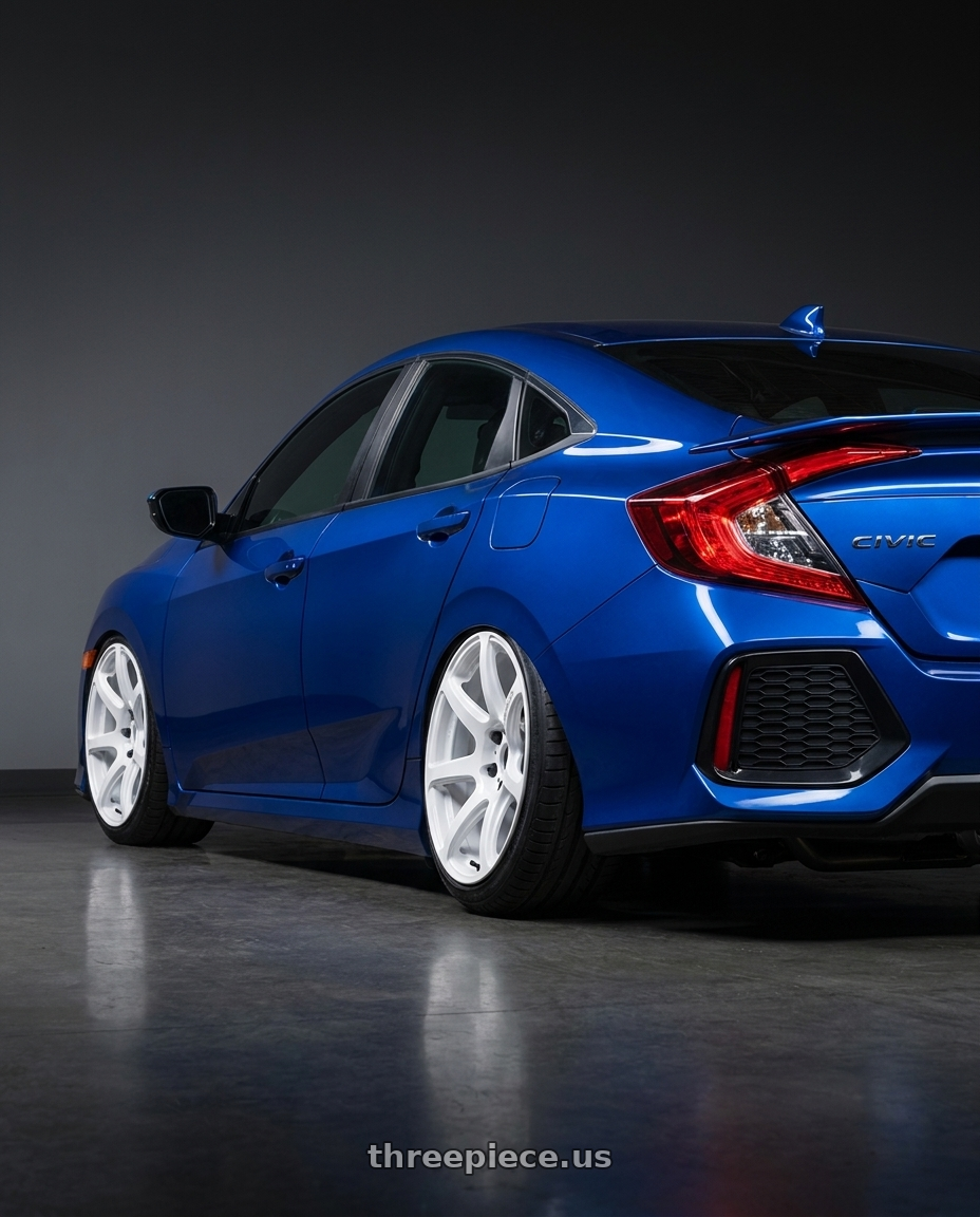 2020 Honda civic si with Work Emotion T7r 5x100 18x9.5 +38 White wheels rear three quarter view slight stretch tires