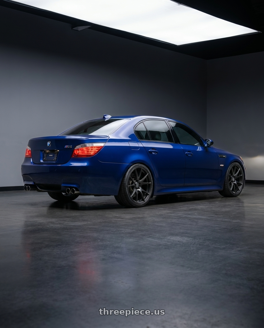 2010 BMW M5 E60 with Forgestar CF5V 5x120 19x9 +38 Satin Black wheels rear three quarter view square tires