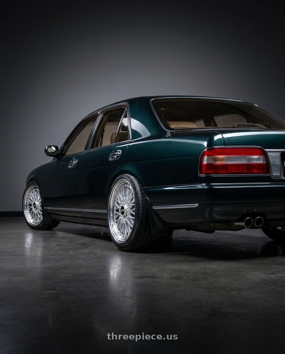 1991 nissan cima with BBS Super 5x112 19x10 +40 Diamond Silver wheels rear three quarter view slight stretch tires