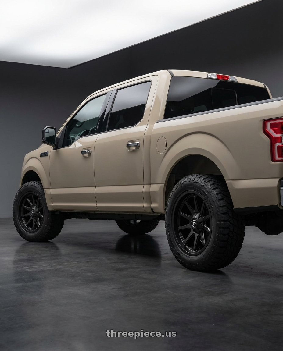 2019 Ford F-150 with Fuel 1PC D437 CONTRA 6X135/6X139.7 20X9 +2 SATIN BLACK wheels rear three quarter view meaty tires