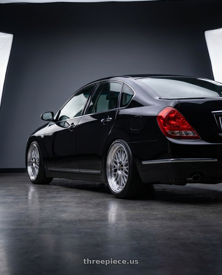 2005 Nissan Teana j31 black with BBS LM 5x114.3 19x8.5+43 Diamond Silver wheels rear three quarter view slight stretch tires