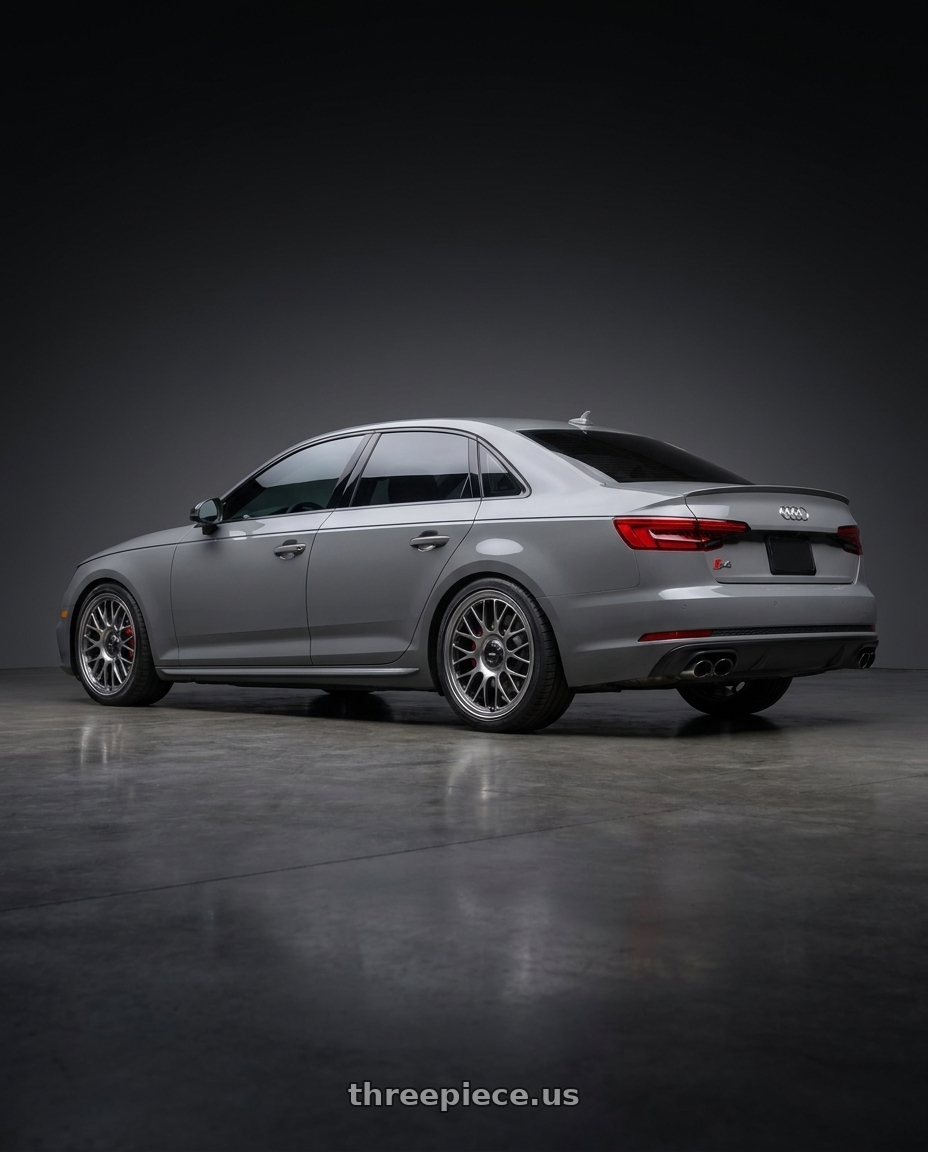 2019 Audi s4 with Konig MRK1 5X112 19x8.5+42 Hyper Carbon - Gloss Black Gear Cap/Logo/Cover Plate wheels rear three quarter view square tires