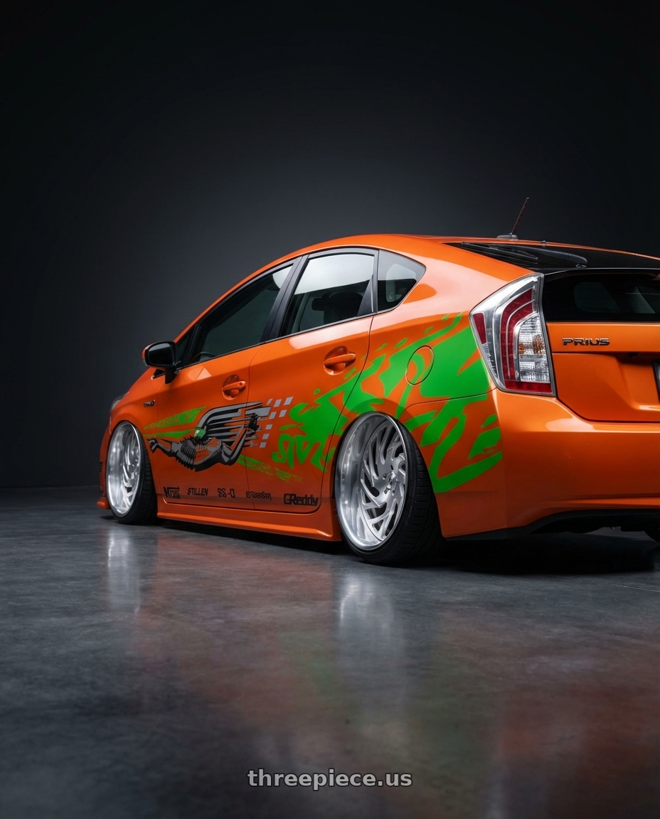 2011 Toyota prius with Asanti Forged AF864 5X120.65 26X10 +5 BRUSHED wheels rear three quarter view extreme stretch tires