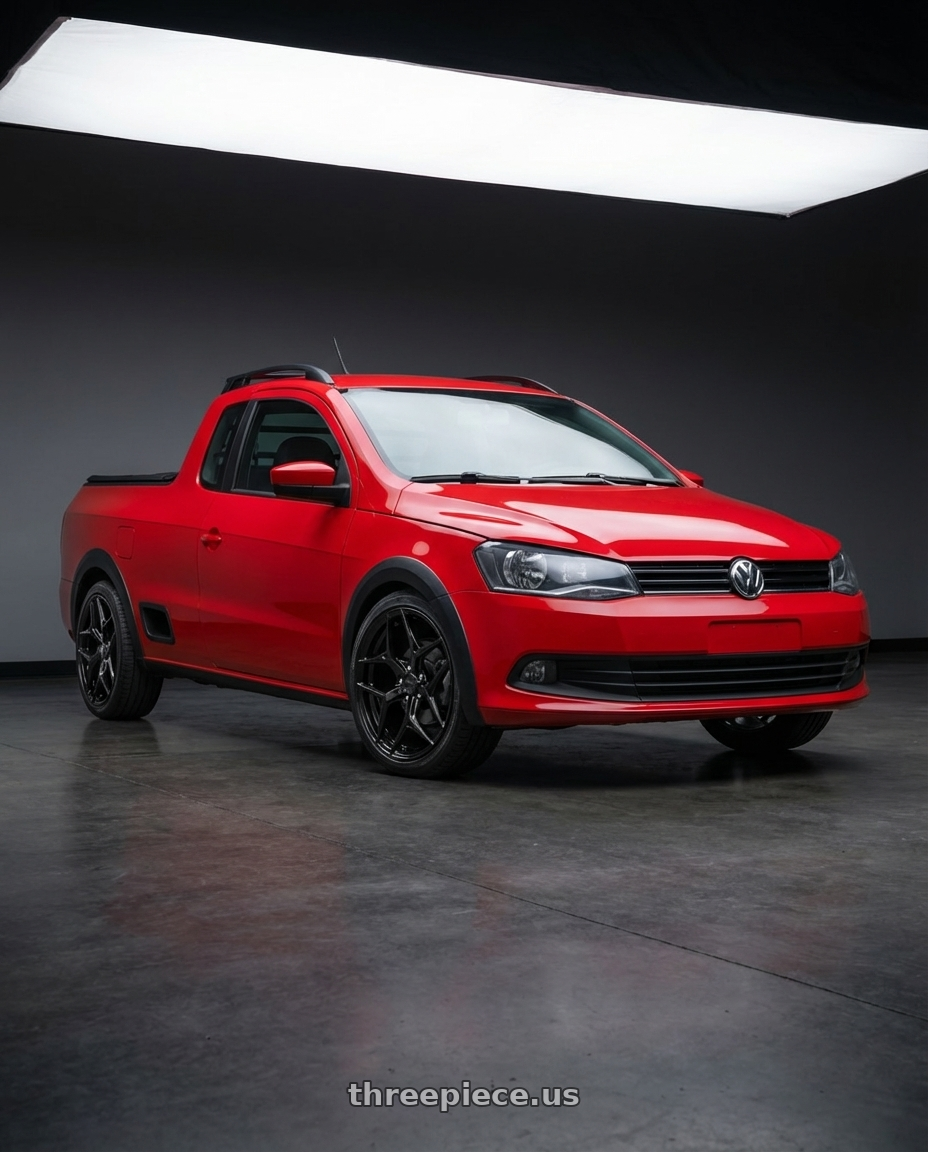 volkswagen saveiro 2015 with MRR Forged F10 5x120 19x8.5  +38 Gloss Black fit Corvette C8 ( rear: FF1020A152048L ) wheels front three quarter view stock stance