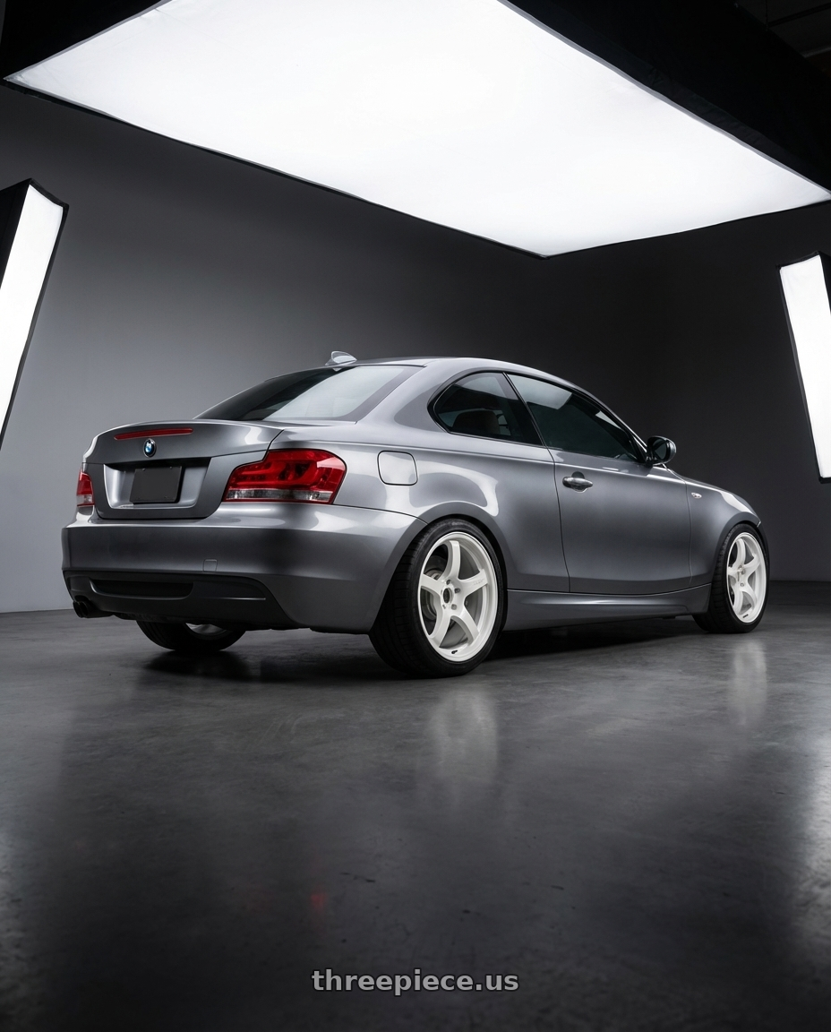 2012 BMW 1 Series E82 with Gram Lights 57CR 5x120 18x9.5+38 Ceramic Pearl wheels rear three quarter view square tires