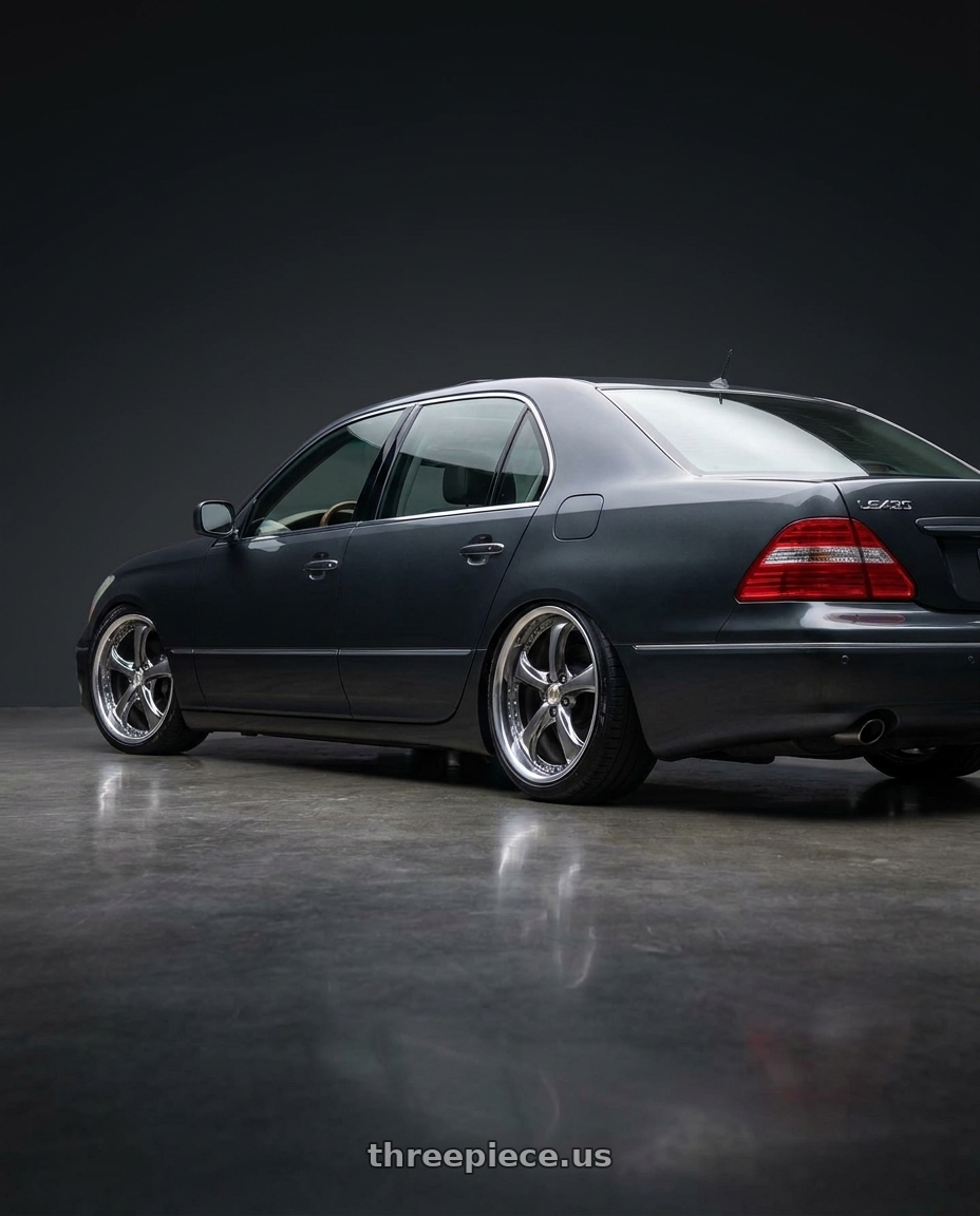 2005 Lexus LS430 with Work Wheels VS-KF 5X114.3 19x8+15 Brilliant Silver Black A Disk FULL REVERSE wheels rear three quarter view slight stretch tires