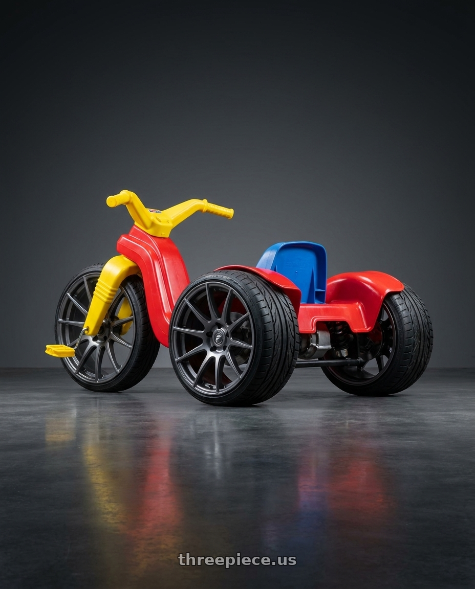  1987 Fisher Price Big Wheel with Forgestar CF10 5x120.65 20x12 +50 Gloss Anthracite wheels rear three quarter view extreme stretch tires