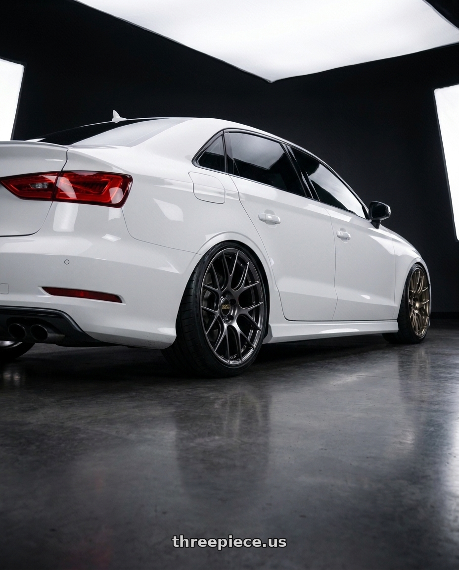 2015 Audi S3 with BBS RE-V7 5x112 19x10.5 +33 PFS Diamond Black wheels rear three quarter view extreme stretch tires
