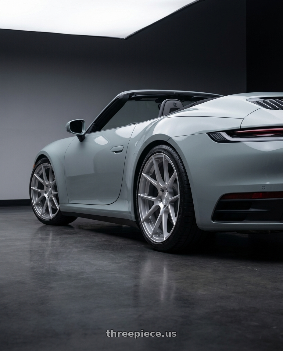 2024 Porsche 911 992 with Avant Garde Wheels M510 5X130 20x10 +40 Satin Silver wheels rear three quarter view square tires