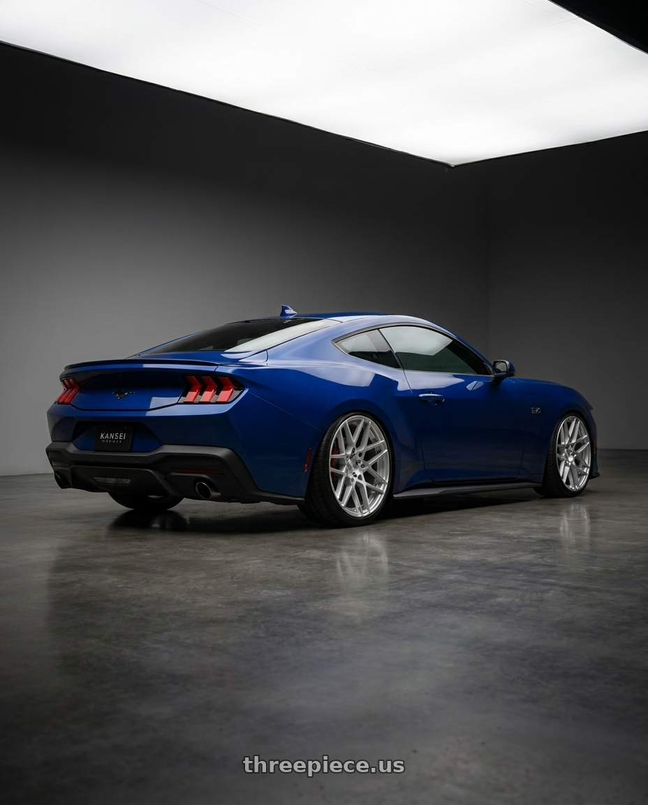 2024 ford mustang ecoboost hpp with Rotiform 1PC R110 BLQ 5X112 19X8.5 +45 GLOSS SILVER MACHINED wheels rear three quarter view square tires