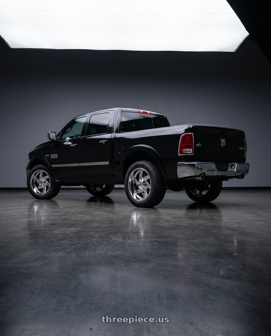 2016 ram 1500 with FULL THROTTLE FT6052 5x139.7/5x150 18x9-12 CHROME wheels rear three quarter view square tires