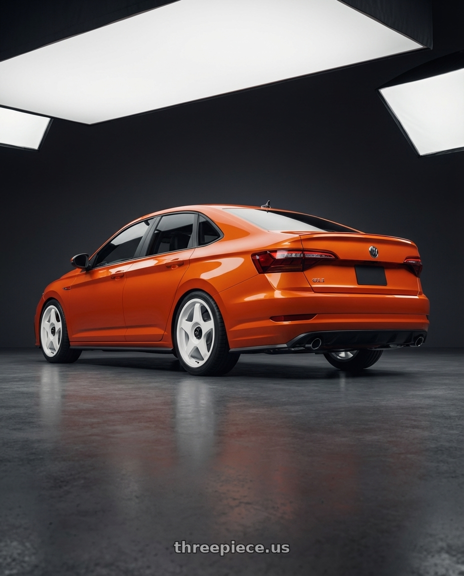 2023 Volkswagen Jetta GLI MK7 with fifteen52 CHICANE 5x112 / 5x120 18x8.5 +35 RALLY WHITE (GLOSS WHITE) wheels rear three quarter view square tires