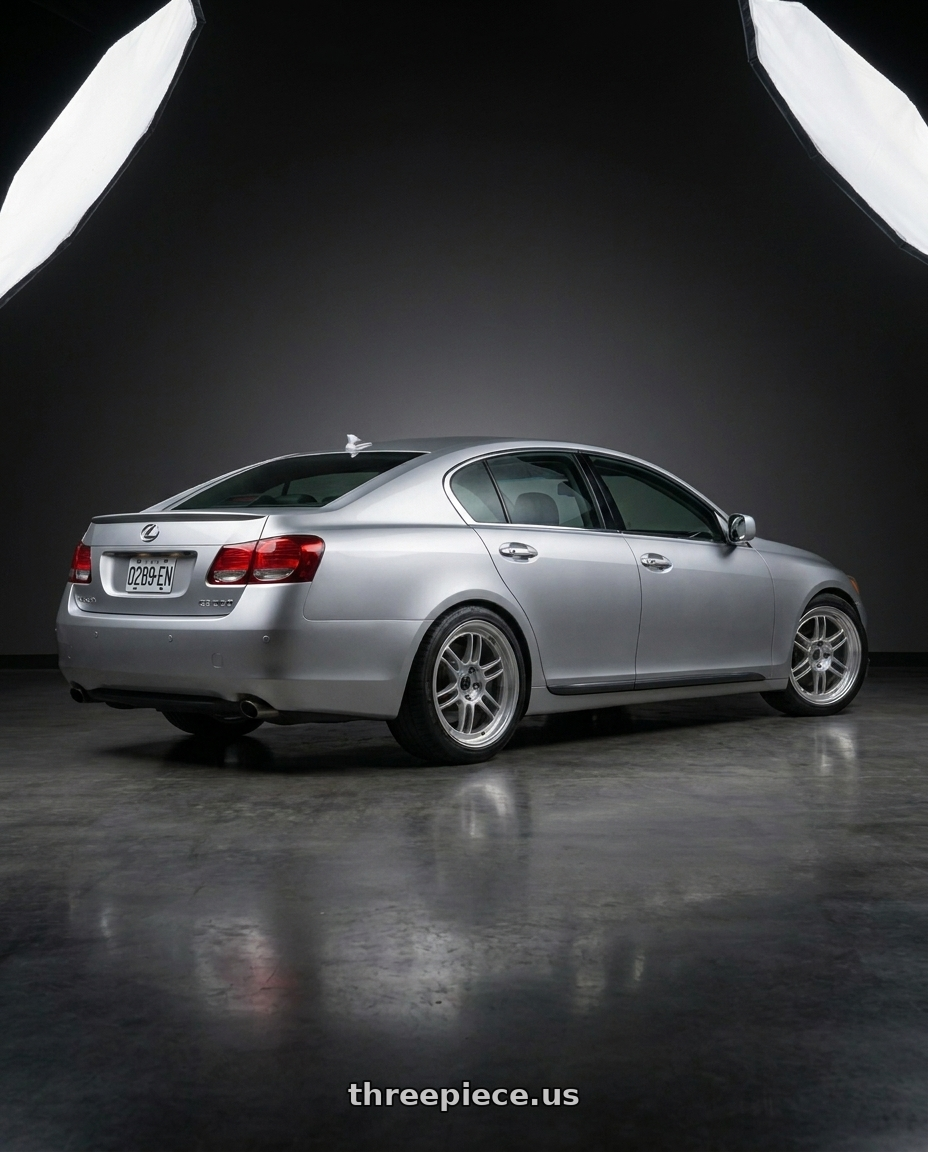 2006 Lexus gs300 with Work Gnosis Cv201 5x114.3 19x10.5+45 W Disk Brush Silver Clear wheels rear three quarter view square tires