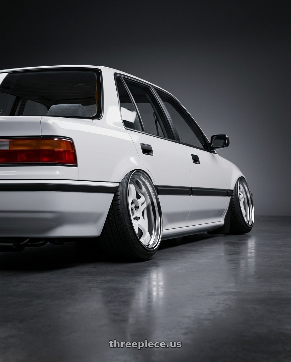 1991 Honda civic ex with Work Meister S1 2P 4x100 15x8.5+38 O Disk White wheels rear three quarter view extreme stretch tires
