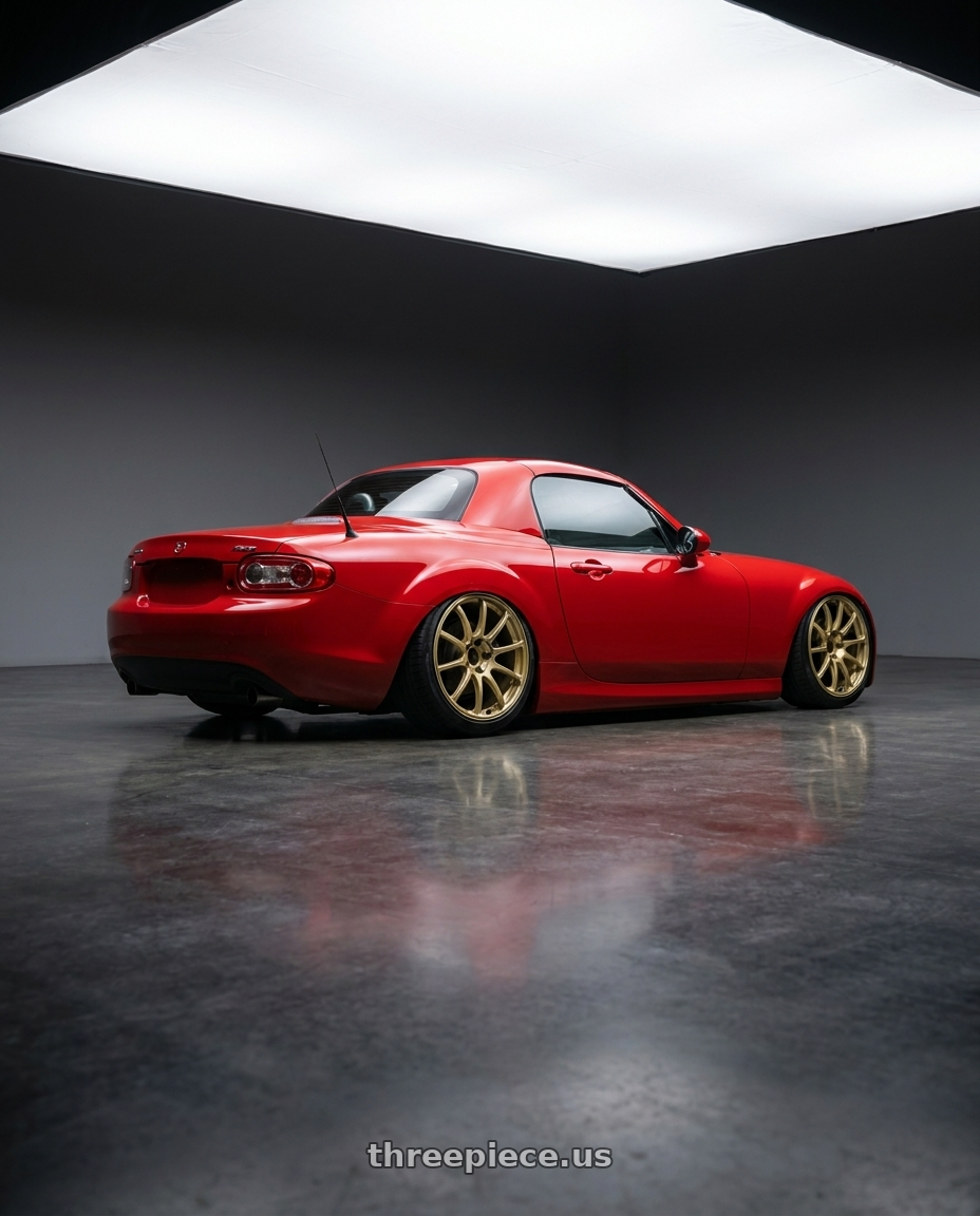 2012 Mazda MX-5 Miata NC with Advan RCIII 5x114.3 17x7+45 Gold wheels rear three quarter view slight stretch tires