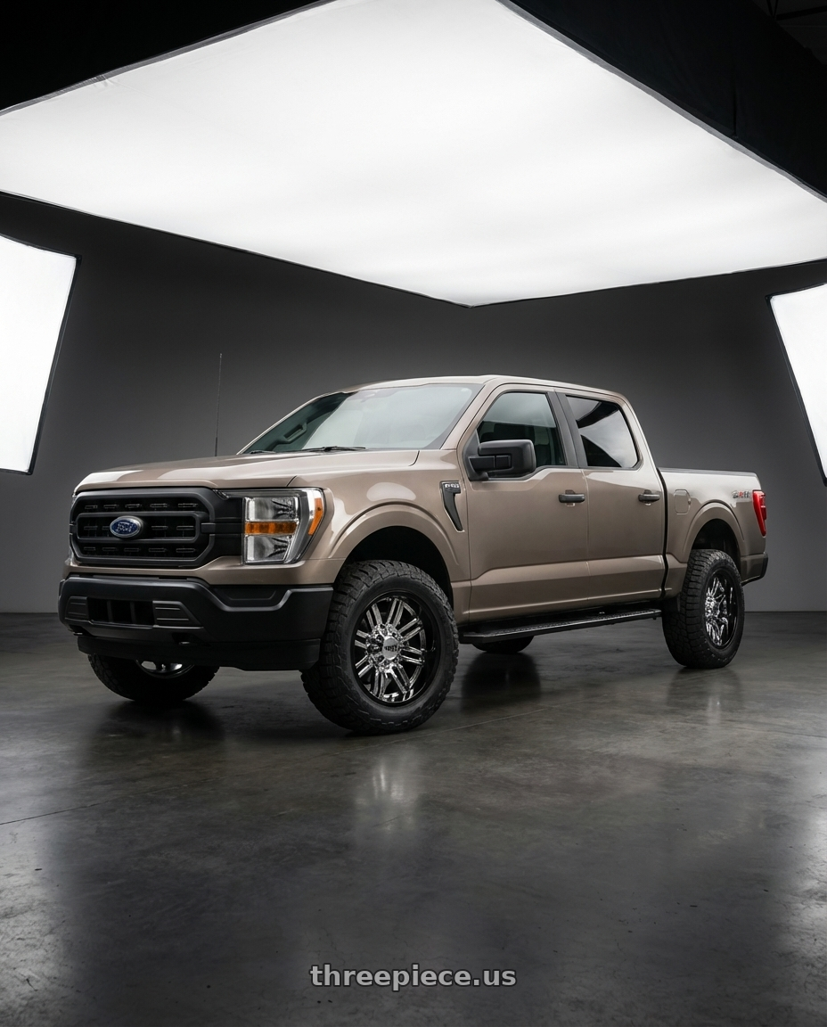 2013 Ford F-150 with Moto Metal MO202 6X135 20X12 -44 CHROME CENTER GLOSS BLACK MILLED LIP wheels front three quarter view stock stance