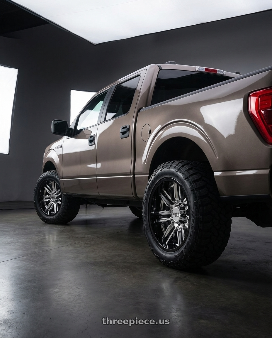 2013 Ford F-150 with Moto Metal MO202 6X135 20X12 -44 CHROME CENTER GLOSS BLACK MILLED LIP wheels rear three quarter view meaty tires