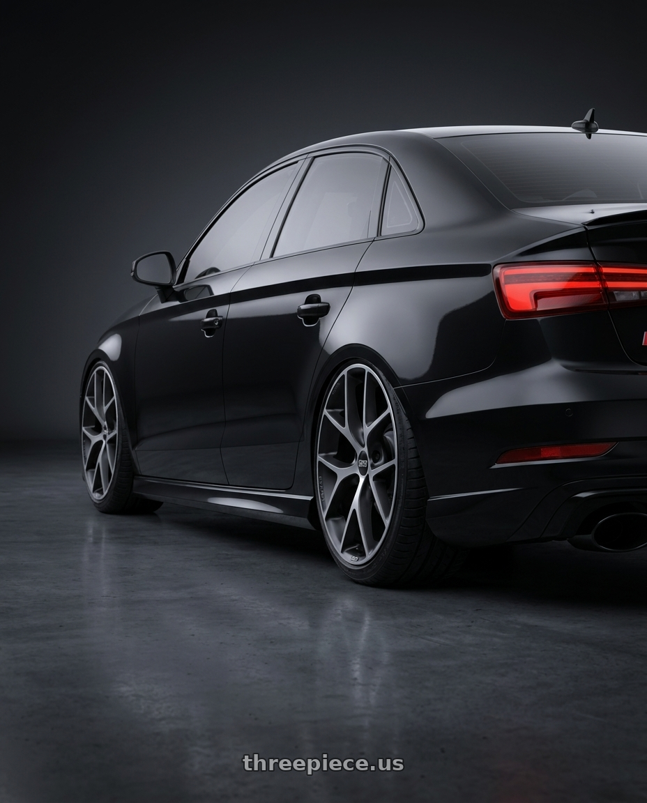 2017 Audi RS3 with BBS SR 5x112 19x8.5+32 Volcano Grey w/ Diamond Cut wheels rear three quarter view extreme stretch tires