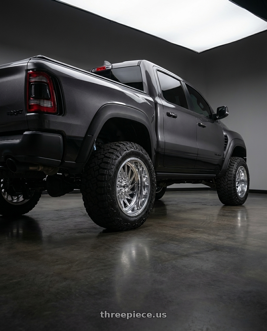 2022 Dodge Ram TRX with Fuel Forged FF110 8x170 20x9 +0 POLISHED wheels rear three quarter view meaty tires