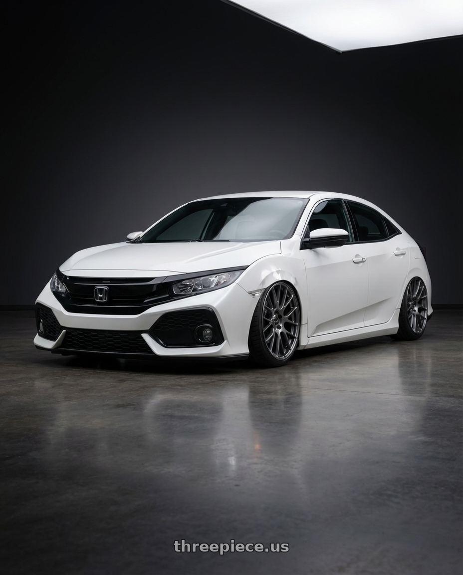 2019 Honda Civic with Ssr Gtv04 5x114.3 19×8.5x8.5+38  METALLIC GRAY wheels front three quarter view stanced stance