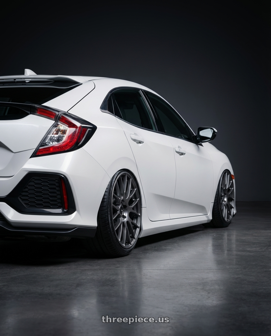 2019 Honda Civic with Ssr Gtv04 5x114.3 19×8.5x8.5+38  METALLIC GRAY wheels rear three quarter view slight stretch tires