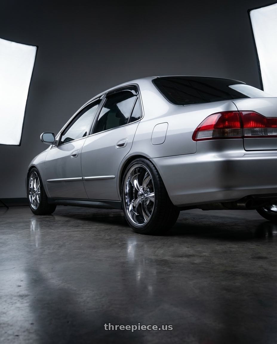 2002 honda accord  with Ridler Type 695 5x120 20x10+38 Chrome wheels rear three quarter view square tires