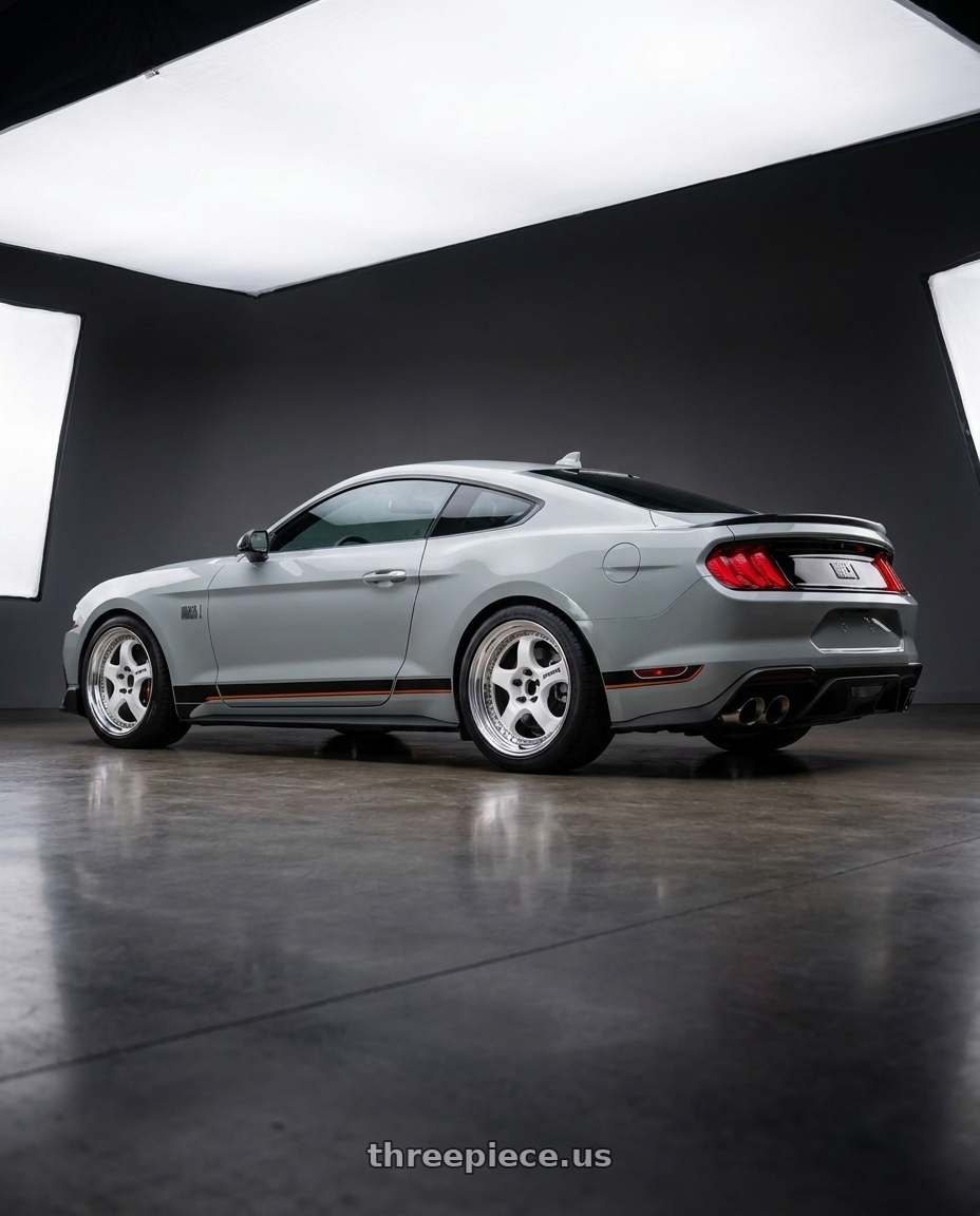 2021 Ford Mustang Mach 1 with Work Meister S1 3P 5x114.3 19x8.5+38 R Disk White wheels rear three quarter view square tires