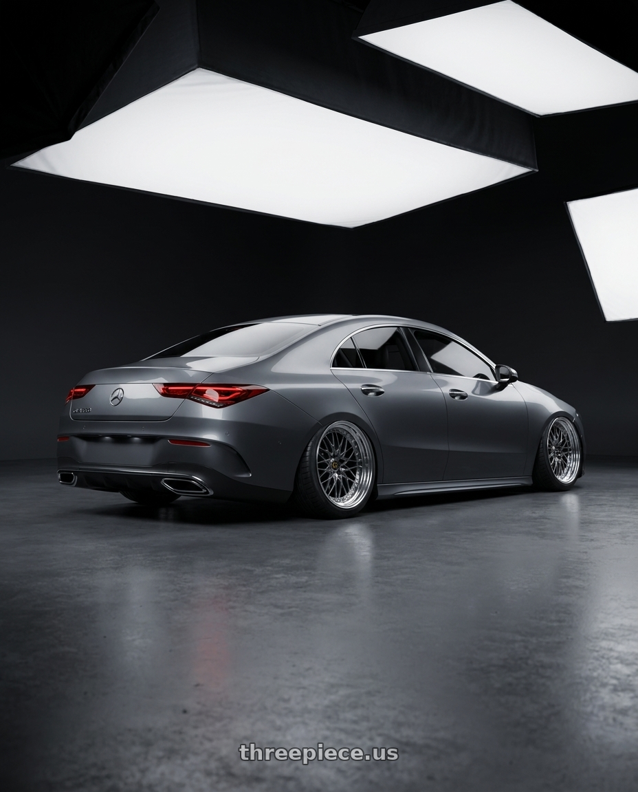 2026 Mercedes CLA-200 gray with Work Vs-Xv 5x100 18x7+15 A Disk Brilliant Silver Black wheels rear three quarter view slight stretch tires