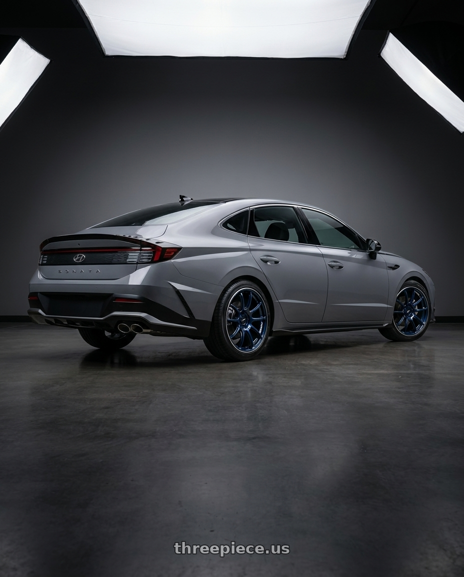 2025 Hyundai sonata n line with Advan RZ II 5x120 19x9.0+53 Racing Indigo Blue and Ring wheels rear three quarter view square tires