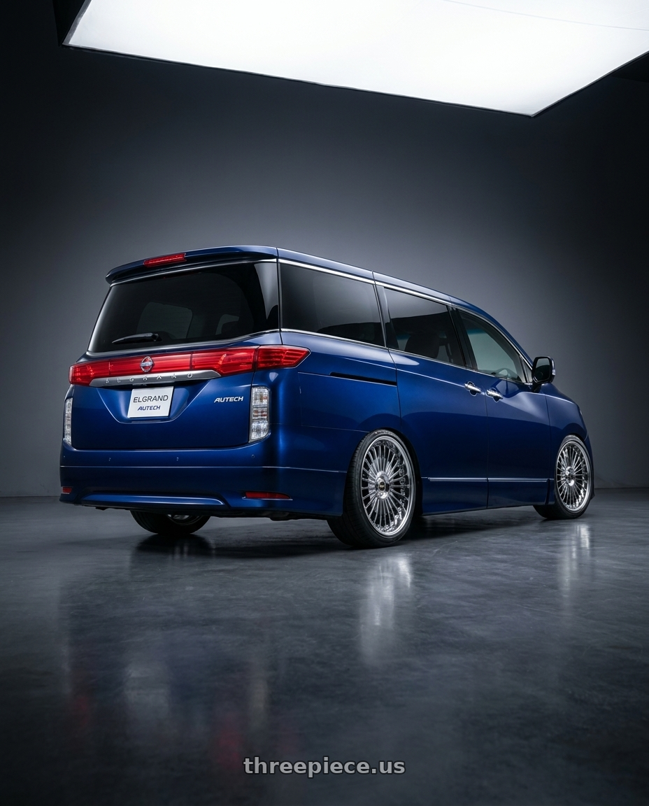2026 nissan elgrand with Work Emitz Black Polish 5x100 19x10.0 +38 wheels rear three quarter view slight stretch tires