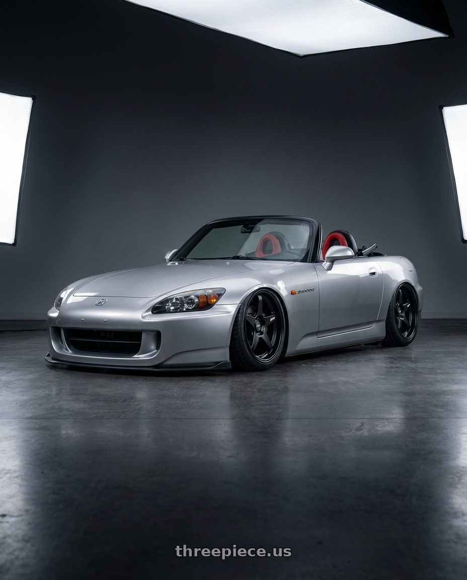 2009 Honda S2000 with ESR Wheels APEX SERIES AP5 5x114.3 18x10.5 +22 Matte Black wheels front three quarter view stanced stance