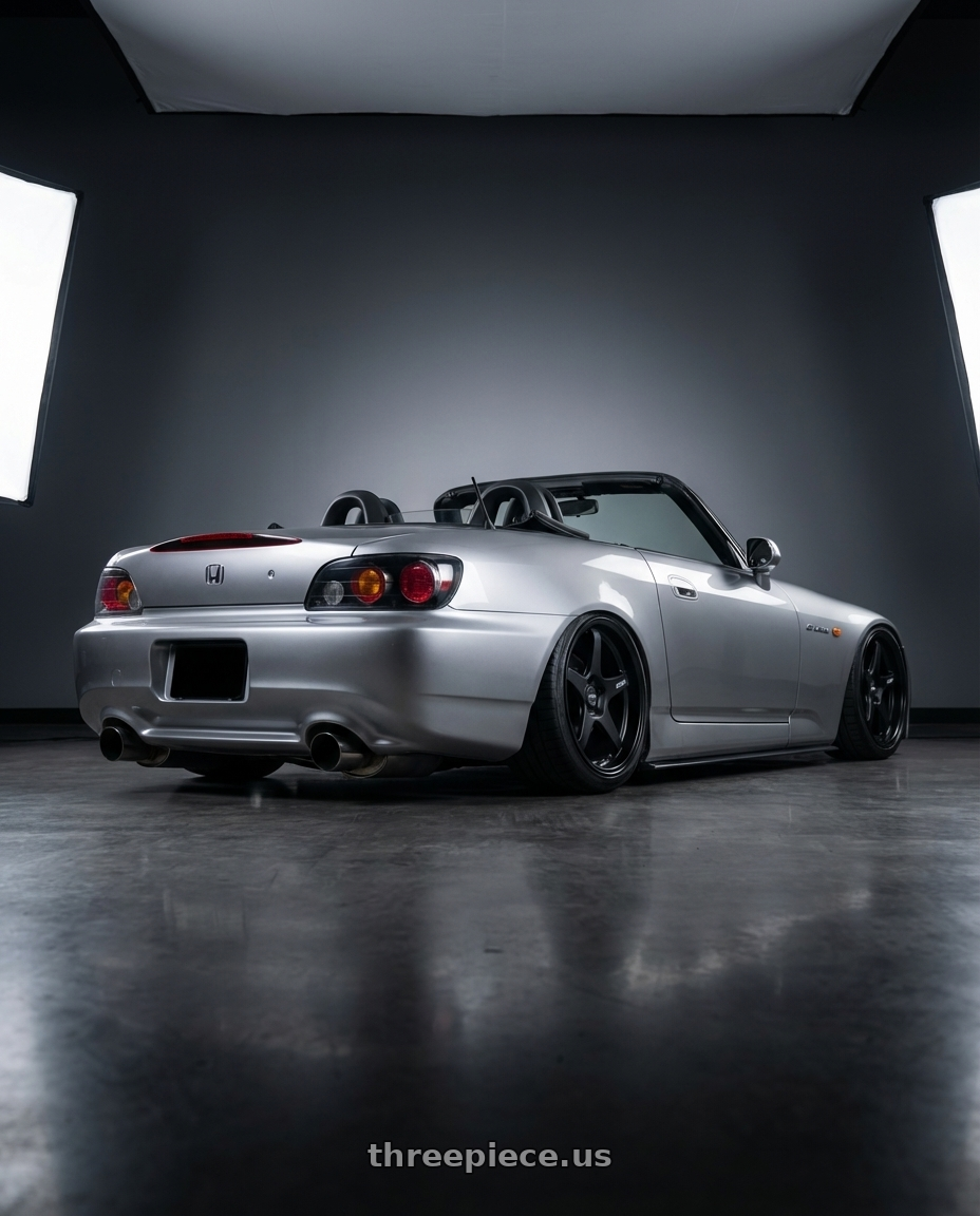 2009 Honda S2000 with ESR Wheels APEX SERIES AP5 5x114.3 18x10.5 +22 Matte Black wheels rear three quarter view slight stretch tires