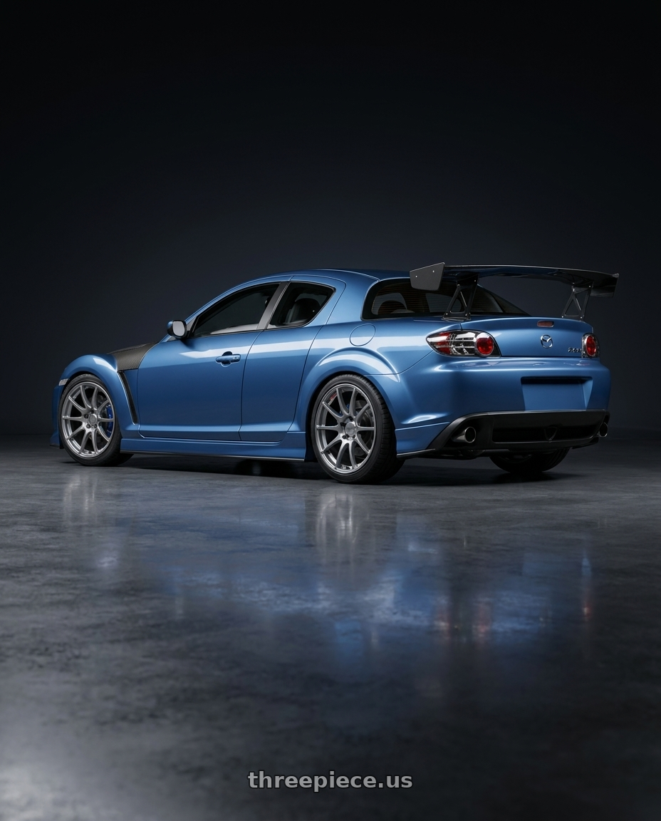 2005 mazda rx8 with Ssr Gtv02 5x114.3 18x8.5+40  GLARE SILVER wheels rear three quarter view square tires