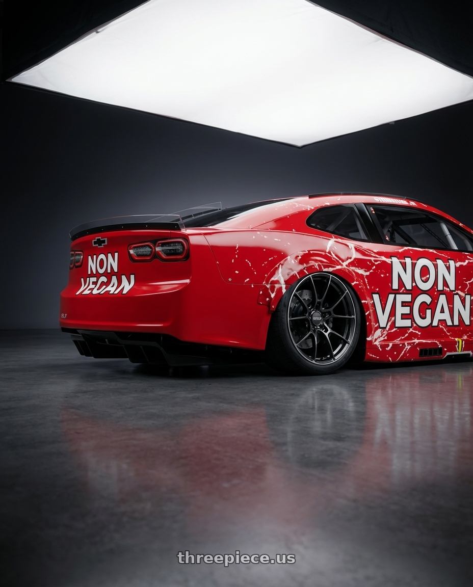 2026 Chevy ZL1 Cup Car with Volk Racing G025 5x112 19x10.5 +35 SHINING BLACK METAL/ RIM EDGE DC wheels rear three quarter view slight stretch tires