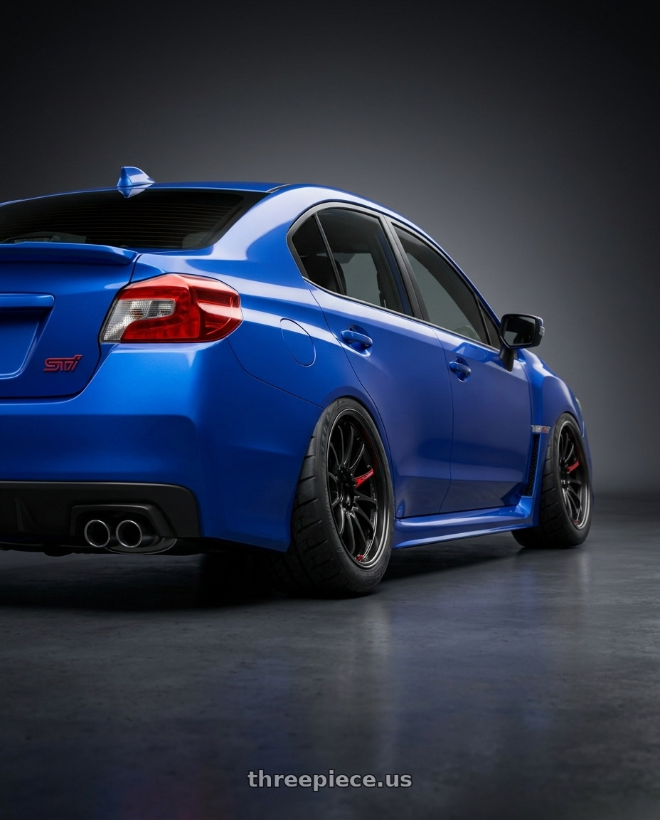 2021 subaru WRX STI wr blue with Volk Racing CE28 Club Racer II 5x114.3 18x9.5+45 Black Edition wheels rear three quarter view meaty tires