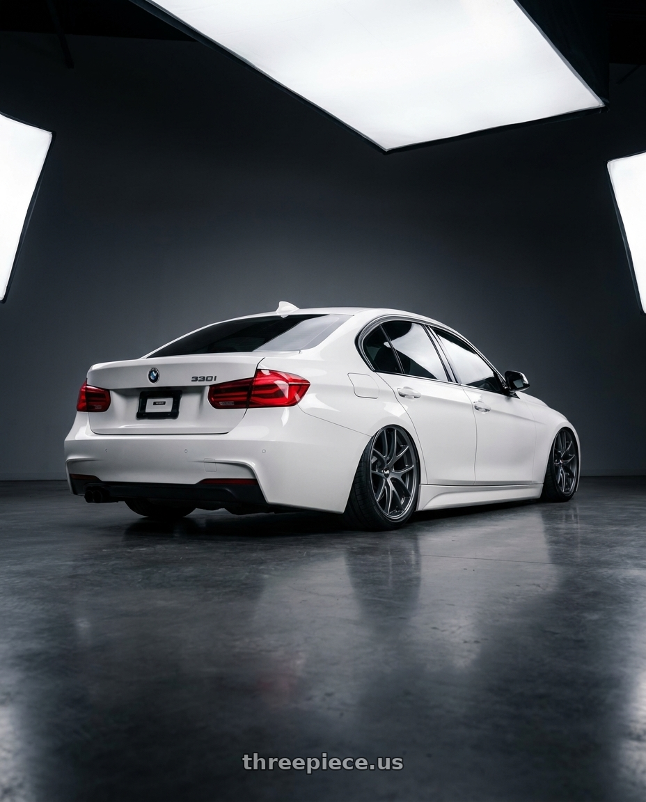2018 Bmw f30 330i with BBS RI-A 5x130 18x8.5+48 Matte Gray wheels rear three quarter view slight stretch tires