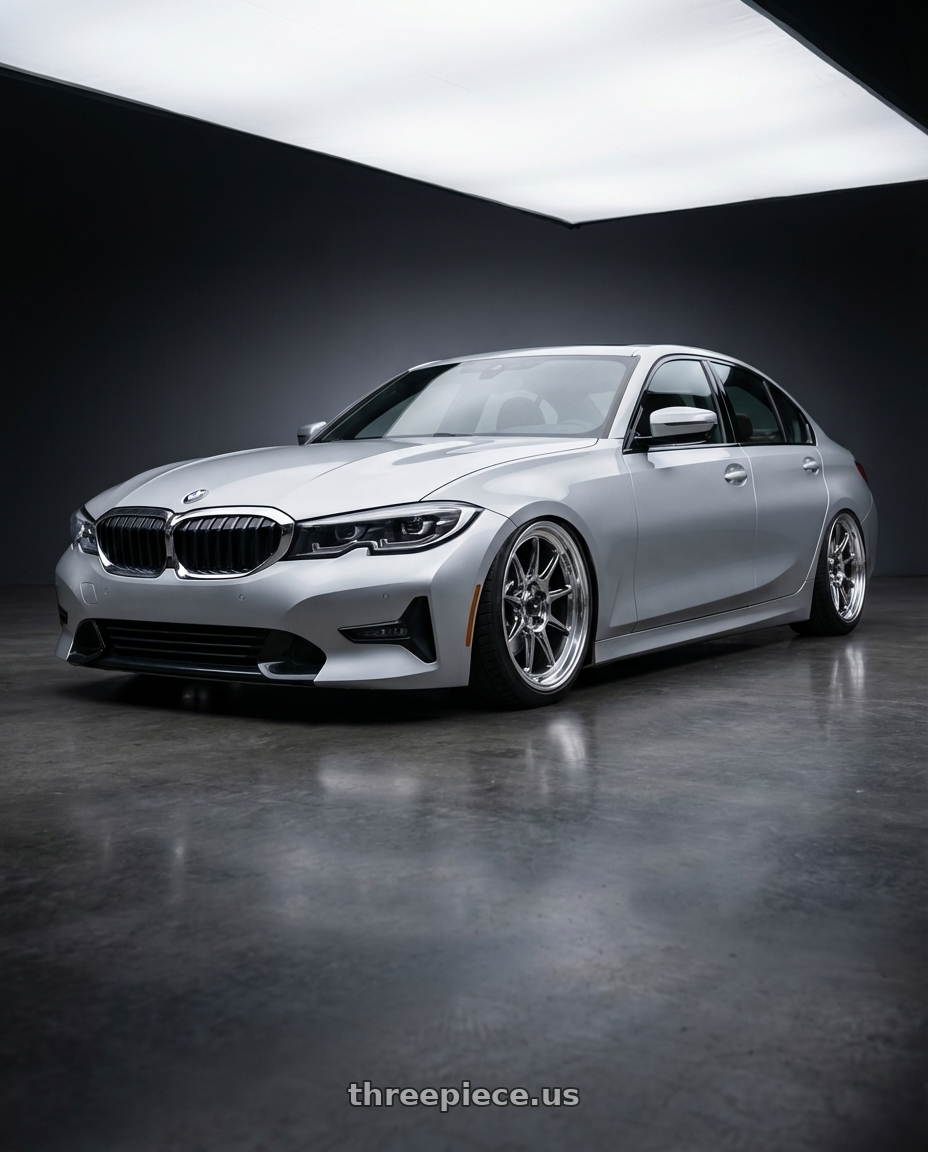 2023 BMW 3 Series G20 with Konig Countergram 5x112 19x11+40 Hyper Chrome / Machined Lip wheels front three quarter view stanced stance