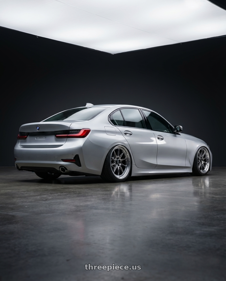 2023 BMW 3 Series G20 with Konig Countergram 5x112 19x11+40 Hyper Chrome / Machined Lip wheels rear three quarter view slight stretch tires