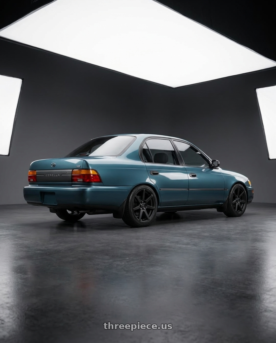 1997 toyota corolla with Raceline 131B Evo Black 4X100/4X108 16x7 40 Satin Black wheels rear three quarter view square tires