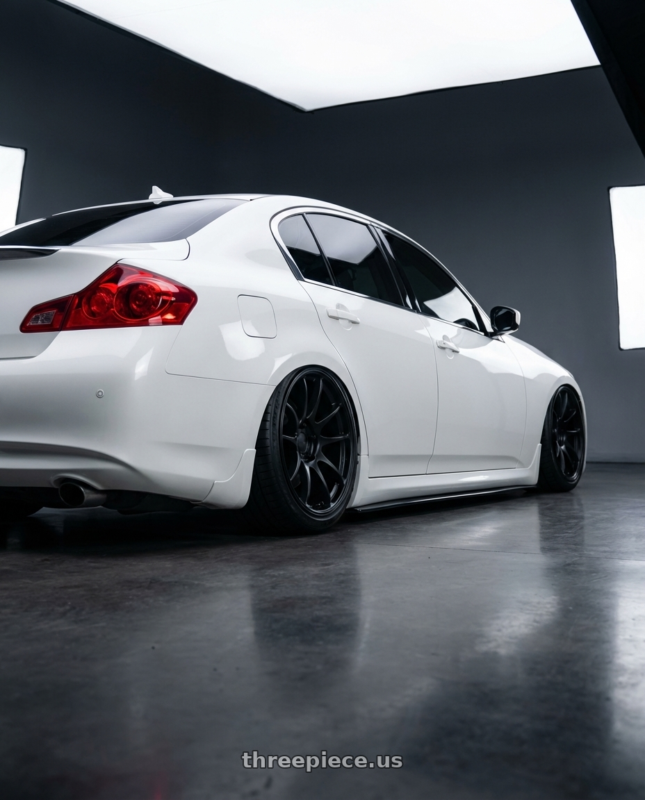 2012 Infiniti G37 with Ssr Gtv03 5x114.3 19x8.5+38  FLAT BLACK wheels rear three quarter view slight stretch tires