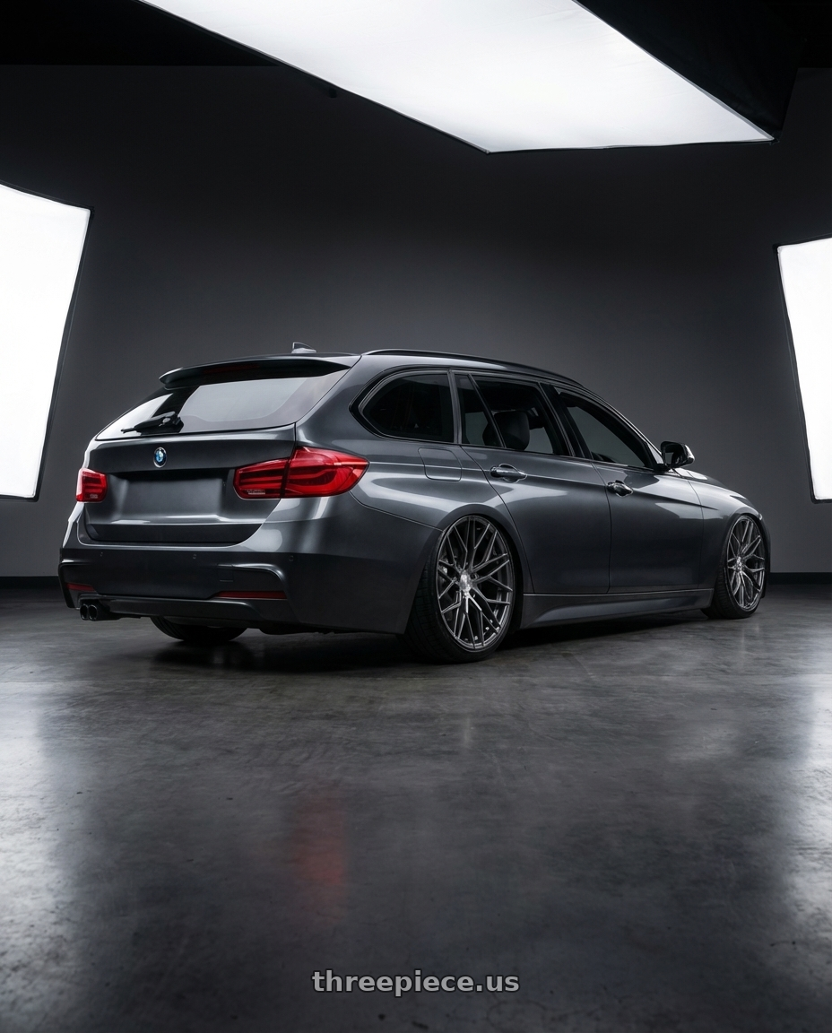 2016 BMW 3 Series F30 with Avant Garde Wheels M520R 5X120 19x8.5 +34 Dark Graphite Metallic wheels rear three quarter view slight stretch tires