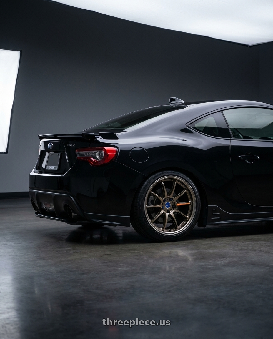 2018 Subaru BRZ with Work Emotion Zr10 5x100 18x8.5 +38 Titanium Diamond Lip Cut wheels rear three quarter view square tires