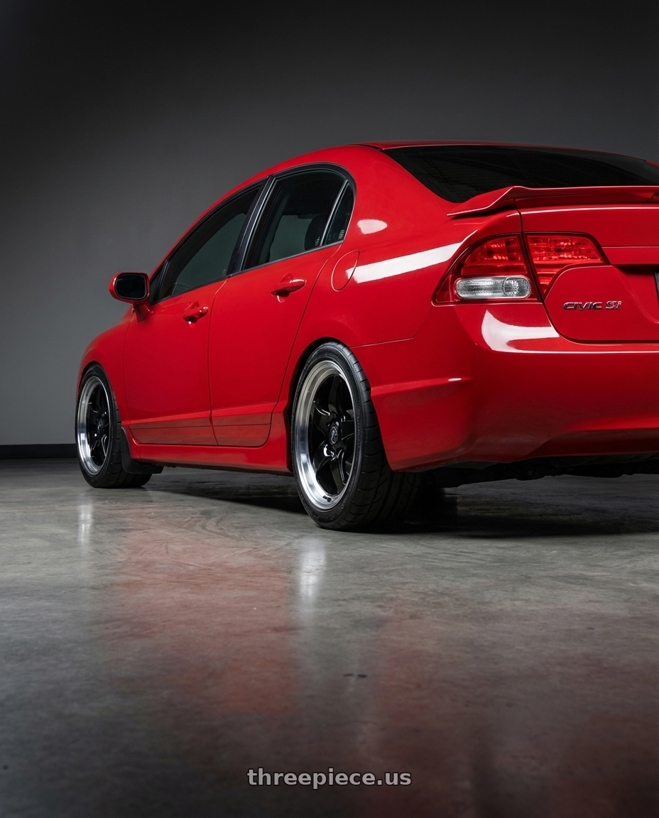 2011 Honda Civic Si with Forgestar D5 Drag 5x114.3 17x5 -21 Gloss Black Machined wheels rear three quarter view square tires