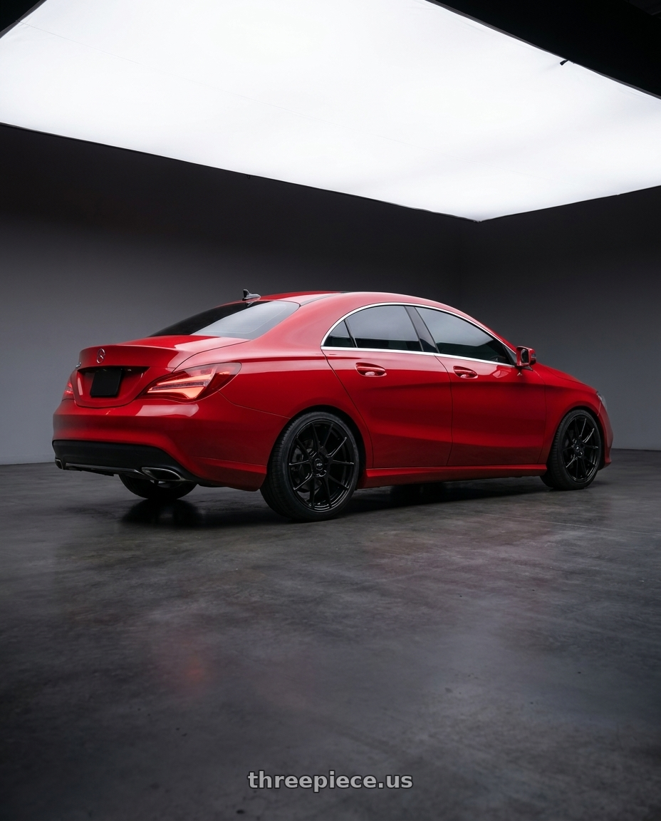 2018 mercedes benz cla250 with Enkei TS-V 5x112 18x8+45 Gloss Black wheels rear three quarter view slight stretch tires