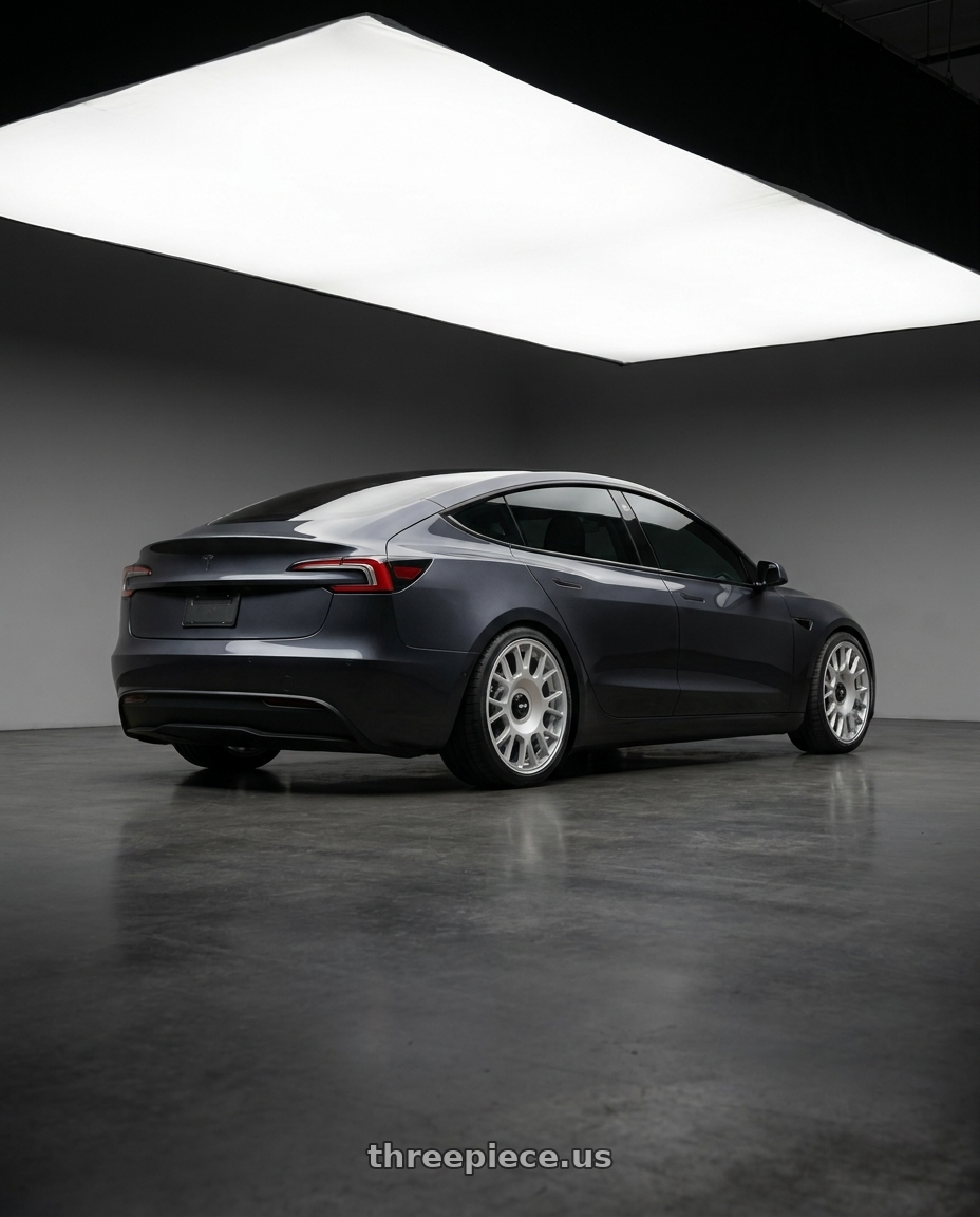 2024 Tesla model 3 with Rotiform 1PC R188 TUF-R 5X112 19X8.5 +45 SILVER wheels rear three quarter view square tires