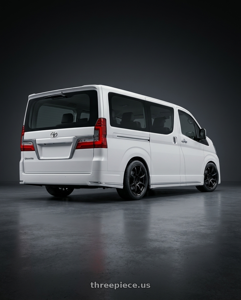 2026 Toyota granvia with Advan RGIII 5x114.3 19x8.5+45 Gloss Black wheels rear three quarter view square tires
