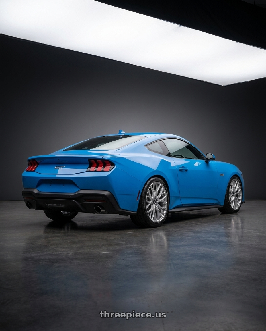 2026 Ford Mustang with F1R FS3 5x114 20x9 +35 Machine Silver wheels rear three quarter view square tires